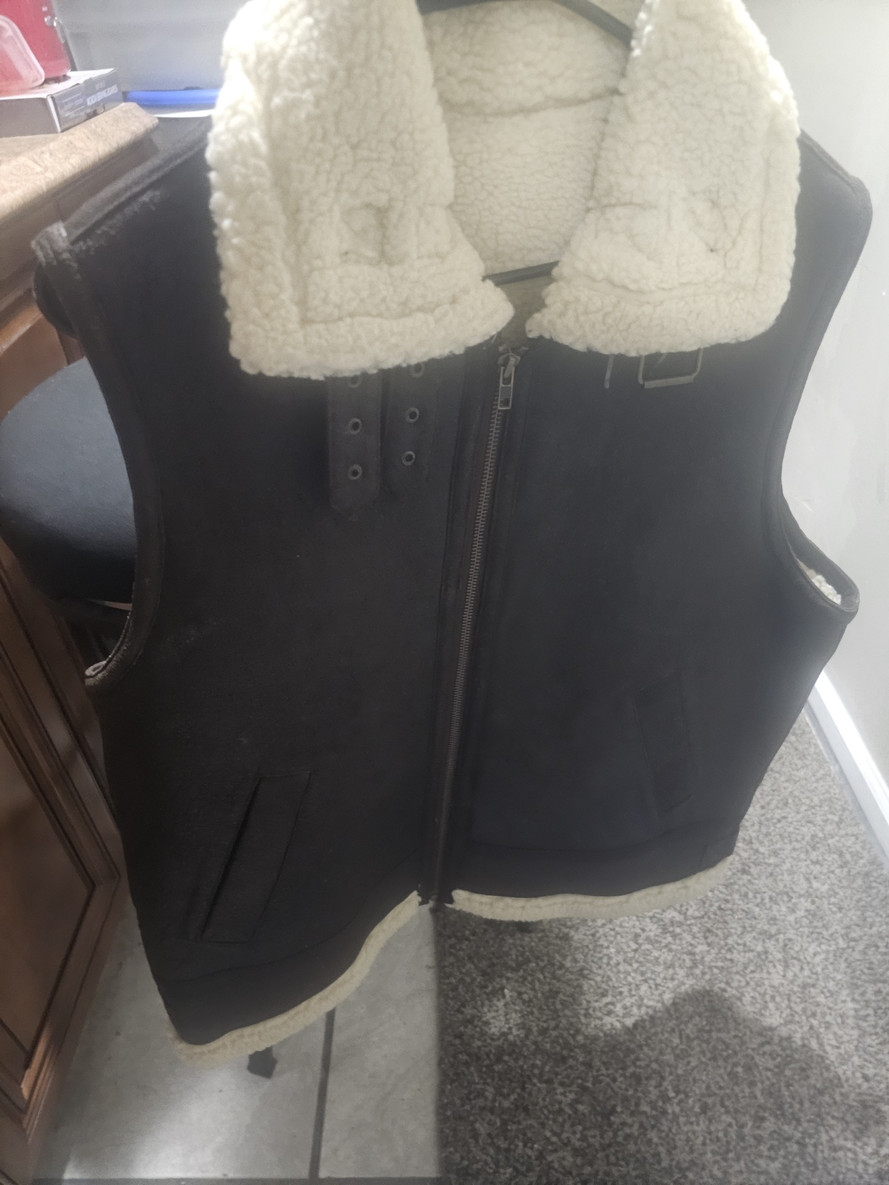 Black Shearling-Lined Vest with Cream Collar